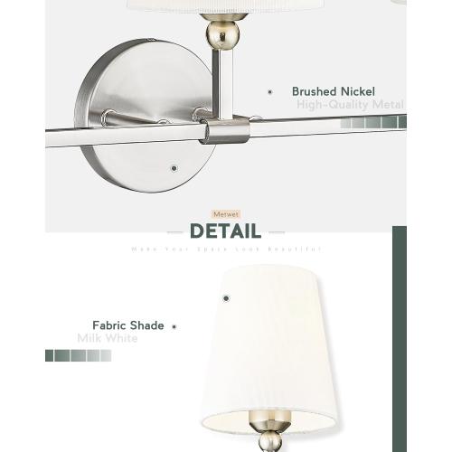 Bathroom Light Fixtures, Brushed Nickel Vanity Lights with Flared White Fabric Shade, 3 Light Wall Sconce, Modern Sconces Wall Lighting for Hallway Bedroom, VL837-BN-3