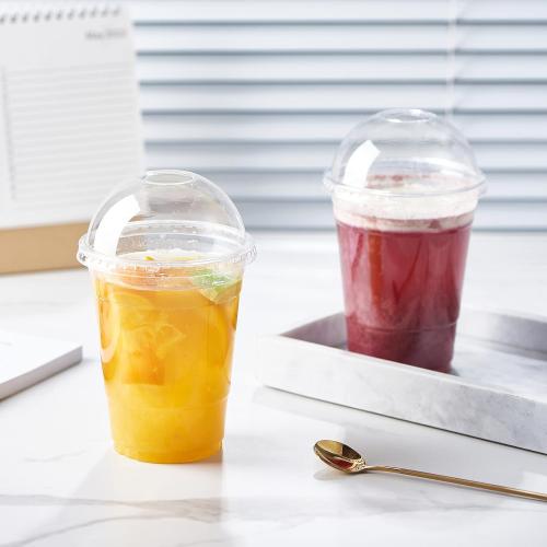 [100 Sets-16 oz.] Plastic Cups With Dome Straw Slot Lids PET Crystal Clear Disposable Togo Cup BPA Free For Party Ice Cold Drinks Coffee Tea Parfait Dessert Smoothie Bubble Boba Fruit Milkshake Slush