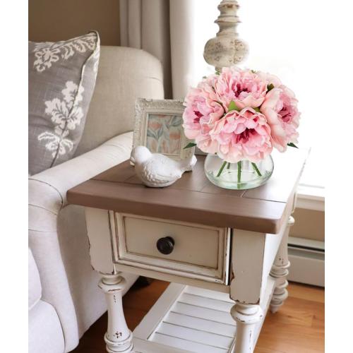 Hollyone Light Pink Peonies Artificial Flowers with Vase Faux Flowers Peony Fake Flowers Silk Flower Arrangements in Glass Vase with Faux Water for Bathroom Table Centerpiece Shelf Home Decor