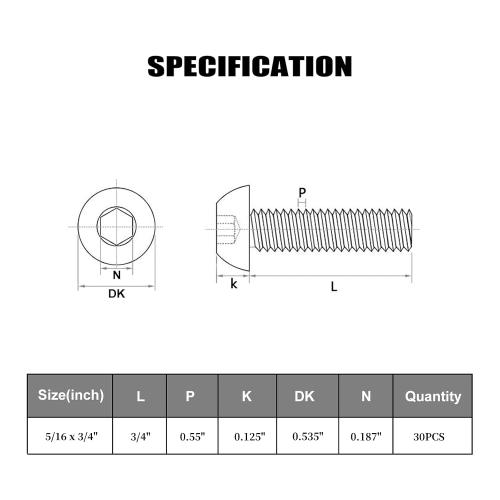VGBUY 30Pcs 5/16-18 x 3/4 Button Head Socket Cap Bolts Screws, 304 Stainless Steel 18-8, Allen Hex Drive, Bright Finish, Fully Threaded, Hex Spanner Included