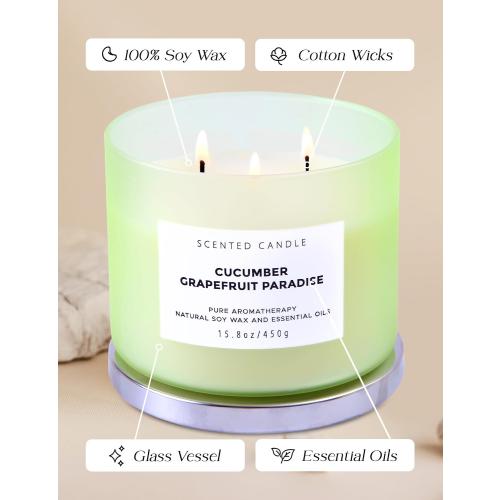 Cucumber Grapefruit Paradise 3-Wick Scented Candle | Large Soy Candle for Home 15.8 oz | Fresh Fruity Citrus Summer Aromatherapy Candle, Long Lasting Stress Relief & Relaxation Candles for Men & Women