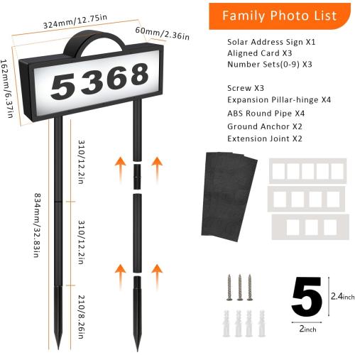 GEYUEYA Solar House Number for Outside, Address Numbers for House,IP65 Waterproof House Number Sign With Dual 3200k Warm White & 6500k Cold White Led, Address Sign Wall Mounted/In Ground for Yard