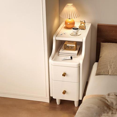 Narrow End Table with 2 Drawers, Wood Beside Table with Table Legs Floor Nightstand Slim Side Table Modern Night Stand White for Living Room Bedroom (Missing The Parts, See The Pictures)