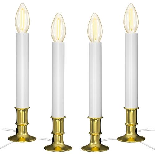 SUNSGNE Christmas Electric Window Candle Lights with Auto Sensor, Dusk to Dawn Candle Lamps with Gold Plated Base, 9'' Plug in Candle Lights with 0.6W LED E12 Bulbs for Window Table Decor, 4 Pack