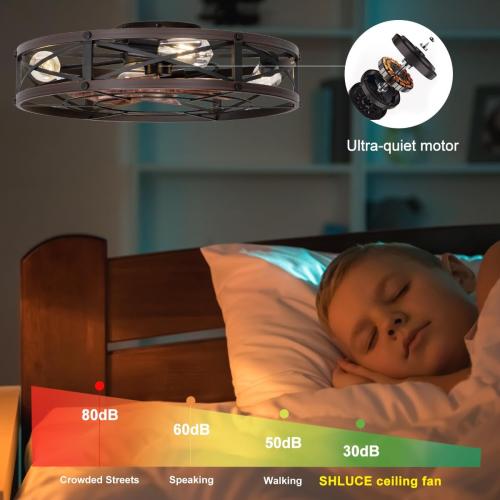 SHLUCE 24 Farmhouse Caged Flush Mount Ceiling Fan with Light, Rustic Low Profile Bladeless Ceiling Fans with Lights and Remote, Modern Large Ceiling Fan with Light for Bedroom, Kitchen, Brown - ETL