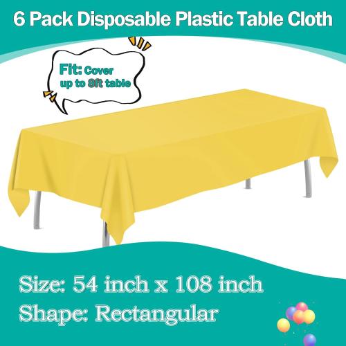 tujol Yellow 6 Pack Plastic Table Cloth 54 x 108, Disposable Tablecloths Rectangle Table Cover, Plastic Tablecloths for Parties