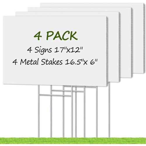Blank Yard Signs with Stakes, Remiawy Custom Yard Sale Sign 17x12 Inch 4 Pack Corrugated Plastic Double Sided for Outdoor Lawn, Estate Garage, Open House, Birthday Decoration