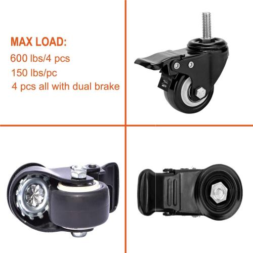 2 Stem Caster Wheels with Safety Dual Locking 600Lbs Heavy Duty Threaded Stem Casters No Noise Swivel Castors with Brakes 3/8- 16 x 1 (Set of 4)