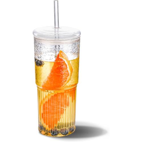 20 OZ Iced Coffee Cup With Glass Lids and Straws,High Borosilicate Glass Tumbler Cup Reusable Wide Mouth Smoothie Cups(Clear,1cup)…