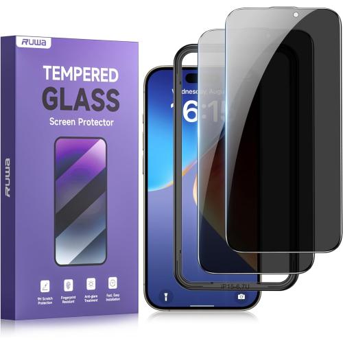 ruwa Privacy Screen Protector for iPhone 15 Pro Max [6.7 Inch][2-Pack] Tempered Glass with Easy Installation Frame, Anti-Scratch,Anti-peep, Full Coverage