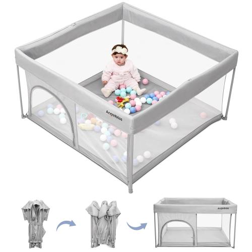 Foldable Baby Playpen 50×50, Out-of-The-Box Ready Playpen for Babies and Toddlers, Portable Play Yard with Breathable Mesh & ASTM F406 Certified(Light Grey)
