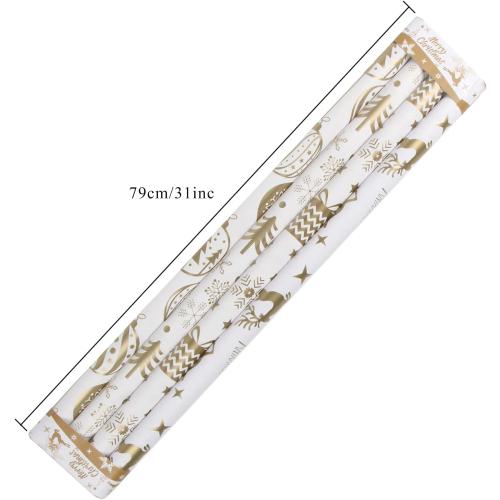 KIMOBER 4 Rolls Christmas Wrapping Paper with Cut Lines on Reverse,Coated Paper with Golden Christmas Elements(30in × 144in Per Roll)