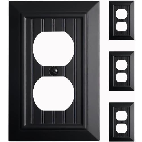 Beadboard Outlet Covers Wall Plates, Bamboo Fiber Light Switch Covers, Natural Material Electric Receptacle Decorative Switch Plate Outlet Cover Matte Black (1 Gang Duplex 4 Pack)