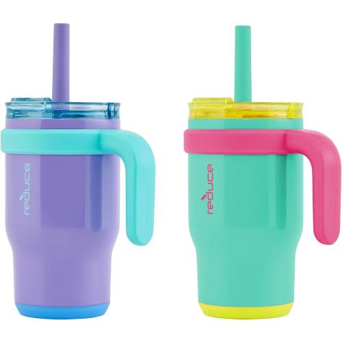 REDUCE 14 oz Coldee Tumbler with Handle for Kids - 2 Pack, Leakproof Insulated Stainless Steel Mug with Lid & Spill-Proof Straw, Keeps Drinks Cold up to 18 Hrs, Purple and Teal
