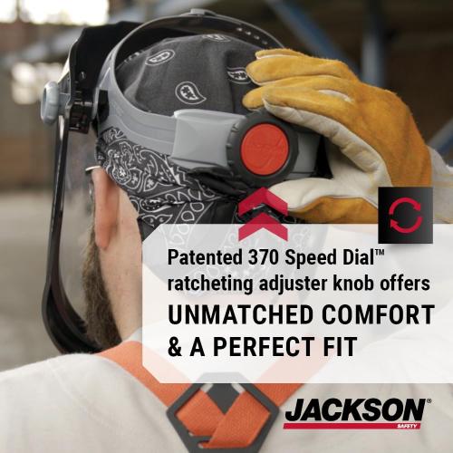 Black Jackson Safety Lightweight MAXVIEW Premium Face Shield - Mask with 370 Speed Dial Ratcheting Headgear, ANSI Z87.1, for Work, Grinding, Cutting - Anti Fog Coating - Clear Tint