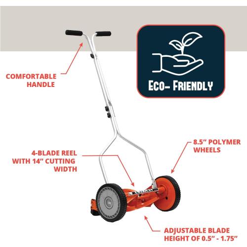 American Lawn Mower Company 1204-14 14-Inch 4-Blade Push Reel Lawn Mower, Red