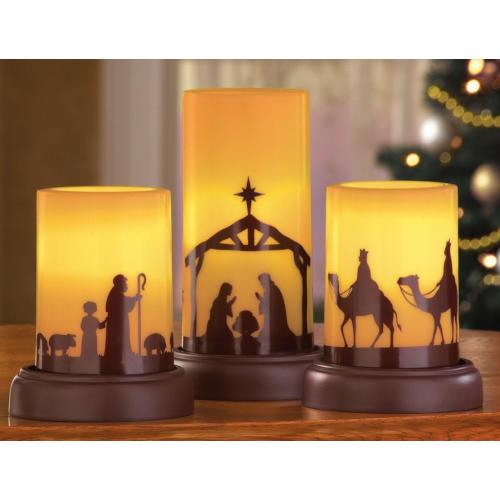 Collections Etc LED Flameless Christmas Nativity Scene Candles, Holiday Home Decor Accents - Set of 3