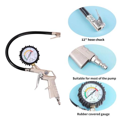 Tire Pressure Gauge with Inflator, 0-220PSI Dial Wheel Air Tire Pressure Gauge with Rubber Hose, Compatible with Air Pump Compressor for Cars Motorcycle Bike
