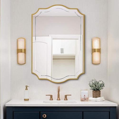 POZINO 36x24 Scalloped Wall Mirror with Gold Wood Frame | Irregular Rectangle Design, Horizontal/Vertical Hanging, Elegant Wavy Wall Mirror for Entryway Bedroom Bathroom Living Room
