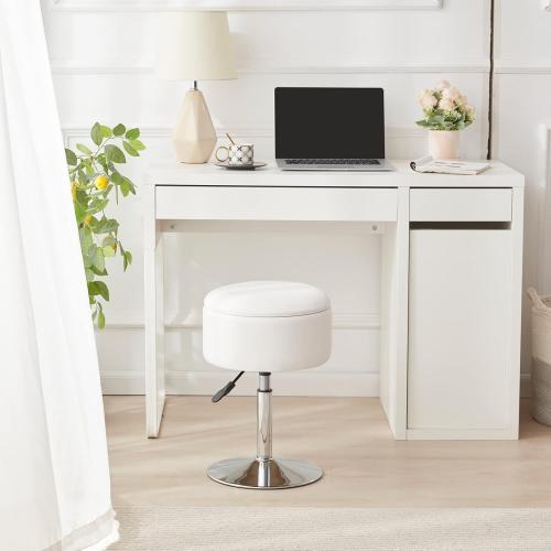Adjustable Ottoman Stool White Vanity Stool Vanity Chair for Makeup Room Stool Chair for Vanity Stool with Storage Makeup Stools with Storage Swivel Makeup Chair for Bathroom Faux Leather