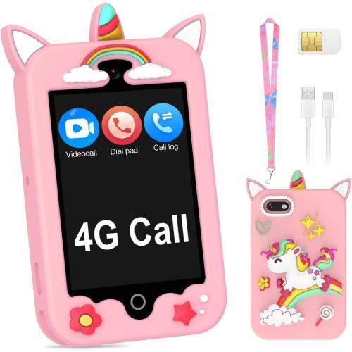 ele ELEOPTION 4G Smart Phone for Kids Toys with SIM Card, Touchscreen Toy Phone Interactive GPS Cell Phone for 3 4 5 6 7 8 9 10 Year Old Girls Boys Christmas Birthday Calling Smartphone Gifts Pink