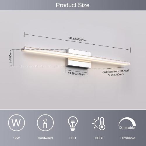 BRIVOLART LED Modern Bathroom Vanity Light Fixtures 24W Dimmable 5CCT LED Vanity Light Bar Over Mirror Matte Black Wall Light for Bathroom 31.5 inch Long