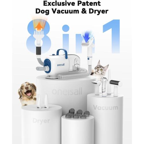oneisall Dog Vacuum & Dryer for Shedding Grooming, 8 in 1 Dog Grooming Kit with Metal Blade Pet Clippers, Adjustable Speed and Temperature Control Blower