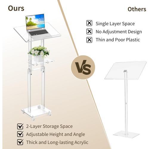 Acrylic Podium Stand Portable, Rolling Podium with Wheels, Clear Podium with Storage Shelf, Lockable Wheels, Adjustable Height pulpits for Churches, Classroom, Weddings, Speech