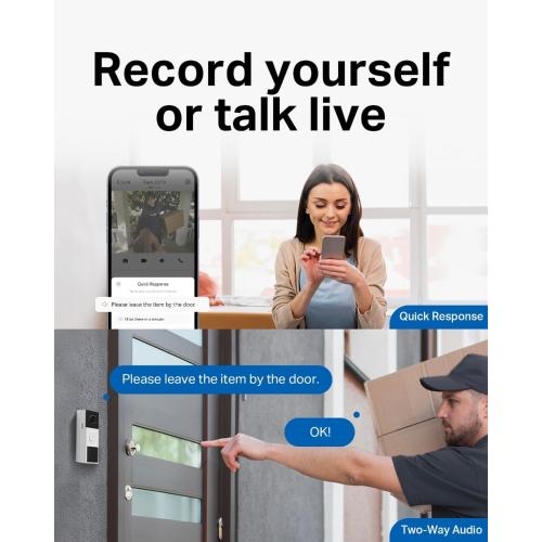 Tapo 2K Wireless Smart Video Doorbell w/Chime, 160° Ultra-Wide View, D210