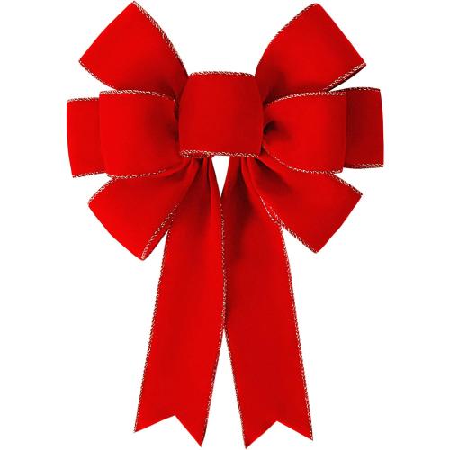 Red Bows Christmas Decorations Big Wired Velvet Bow with Gold Border for Wreaths Outdoor, Gift Wrapping, Tree Topper, Outside (12 * 14 inch)