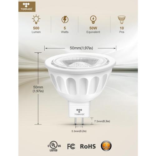White 10pack Torkase MR16 LED Bulb Dimmable,GU5.3 Bi-Pin Base MR16 LED Bulbs,5W(50W Equivalent),Outdoor Landscape 12V Low Voltage Light Bulbs,3000K Soft Warm White Recessed Tracking Spot Lights,UL Listed-10Pack