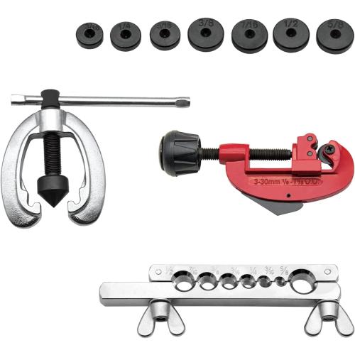 Automotive Double Flaring Tool Kit, for 7 Dies 3/16-5/8 Pipe Brake Line Cutter Tool, Brake Line Bender Flare Tool with Replacement Blade and Reamer