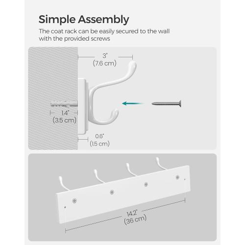 SONGMICS Wall-Mounted Coat Rack, Hook Rack, 4 Dual Metal Hooks, for Coats, Bags, Keys, in the Entryway, Bedroom, Living Room, White ULHR23WT