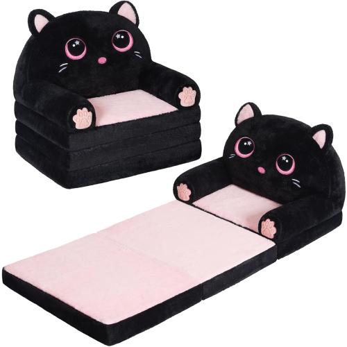Size Small Color Pink and Black Kids Couch Fold Out, Velvet 2-in-1 Flip Open Couch for Toddlers, Comfy Toddler Chair for Reading and Napping, for Boys and Girls (Black & Pink Kitty)
