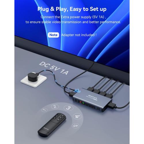 HDMI Switch 5 in 1 Out 4K@60Hz, GANA HDMI Splitter Switcher with Remote, Aluminum HDMI 2.0 Switch Box Hub for 3D, HDCP2.2, HDR, Compatible with Xbox, PS5/4/3,Fire Stick,Roku,Blu-Ray Player