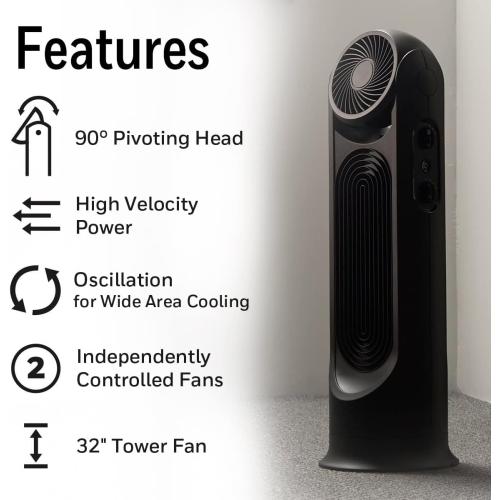 Honeywell TurboForce Tower Fan, 2-in-1 Fan with 6 speeds, quiet operation quality. Stylish Tower Fan for home, room, bedroom or home office - Black, HYF502