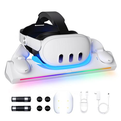 Eslick Charging Dock for Oculus Quest 3S/ Quest 3 Accessories, 30W Fast Adapter Charging Dock with LED Indicator, Includes 2 * 1800mAh Rechargeable Batteries for Headset
