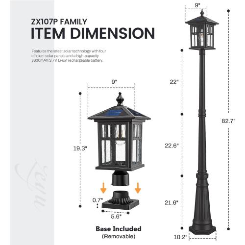 zeyu 19 Inch Solar Post Light with Pier Mount, Modern Large Solar Lamp Post Light for Patio with Remote Control, Die-Cast Aluminum with Seeded Glass Shade, Black Finish, ZX107P-SL BK