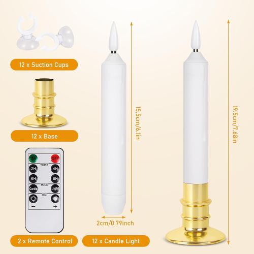 Verdenu Christmas Window Candles, 12 PCS Battery Operated Flameless LED Window Lights with Remote & Timer, 3D Flickering Taper Candle for Wedding Party Decorations