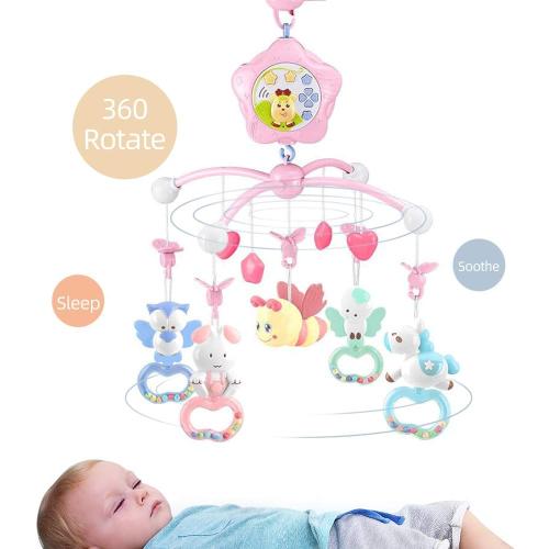 Baby Mobile for Crib with Musicial and Lights, Remote and Projection. Pack and Play Toys for Ages 0  Months (Pink-Bee)