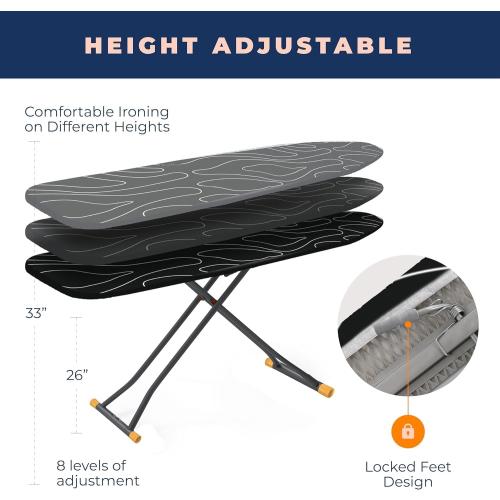 Ironing Board, Compact and Space Saver Ironing Board with Extra Thick 3 Layers Cover, Height Adjustable, Easy Storage with Smart Hanger and Heavy Duty Steel Legs, Black (13x43)