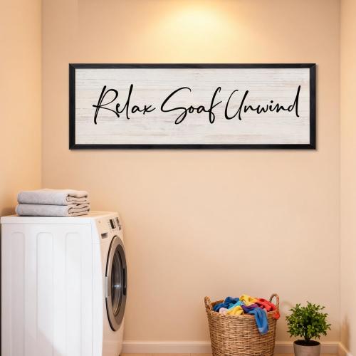 Relax Soak Unwind Wooden Sign Framed Wall Art, 32''×12'' Rustic Horizontal Motivational Bathroom Quote Wood Plaque, Farmhouse Long Inspirational Shower Room Saying Wood Sign Wall Decor for Bathhouse Wash Room