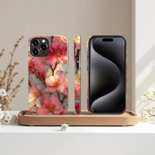 Compatible with iPhone 16 Pro Case,Glossy Case All-Round Protection Shockproof Anti-Scratches TPU Cover,Cases for Man Woman-Blossoms Pink Flower Stained Glass