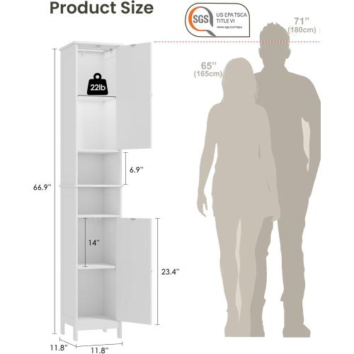 HAIOOU 67 Tall Bathroom Storage Cabinet with Light,11.8W Narrow Bathroom Cabinet with Adjustable Glass Shelves,Slim Freestanding Cabinet for Small Spaces,Skinny Cabinet for Kitchen,Living Room white