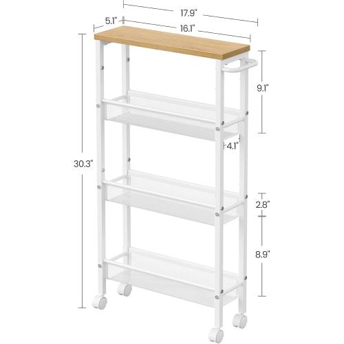 VASAGLE Slim Rolling Cart, 4-Tier Storage Cart, Narrow Cart with Handle, 5.1 Inches Deep, Metal Frame, for Kitchen, Dining Room, Living Room, Home Office, Oak Beige and Classic White ULRC032W09