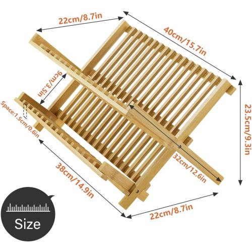 KKTONER Bamboo Dish Drying Rack 2 Tier Foldable Plate Organizer Collapsible Plate Organizer Holder for Kitchen Countertop (Natural)