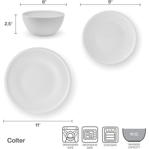 Mikasa Colter Bone China Lightweight Chip Resistant 12 Piece Dinnerware Set, Service for 4, White