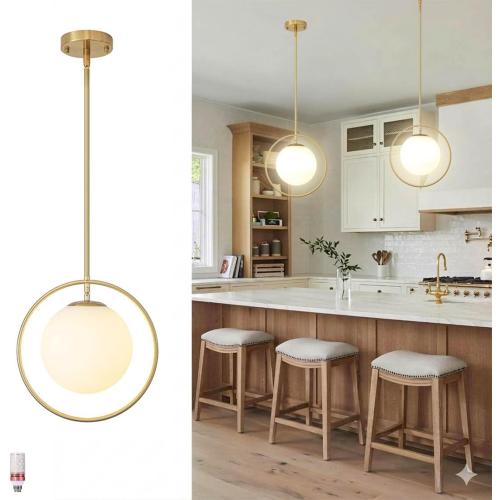 Gold Pendant Light for Kitchen Island, Brass Globe Pendant Light Fixtures,Mid Century Hanging Light Fixtures, Large Lighting with Adjustable Height for Dinning Room