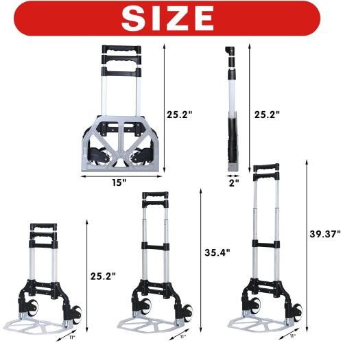Folding Hand Truck Dolly Cart，Aluminum Portable Hand Cart for Daily handling Work，180lbs, with Silent Wheel，Telescoping Handle，Black Bungee Cord, Can Stand Alone，Light Weight