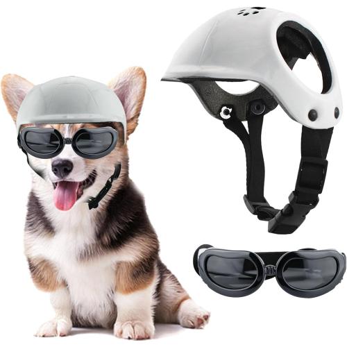 Pet Dog Helmet and Dog Goggles Set Puppy Motorcycle Helmet Sunglasses with Adjustable Belt Cat Hard Hat for Small Pet Riding (S, White)